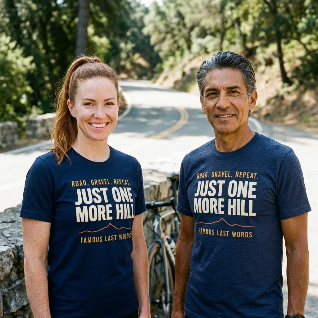 Just One More Hill retro cycling climb t-shirt — lifestyle