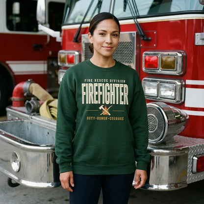 Firefighter collegiate wordmark retro fire-rescue crewneck sweatshirt — lifestyle