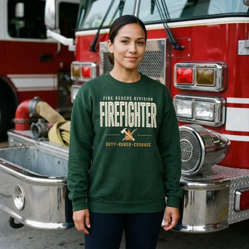 Firefighter collegiate wordmark retro fire-rescue crewneck sweatshirt — lifestyle