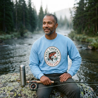 Reel Therapy retro national-park trout badge fishing crewneck sweatshirt — lifestyle