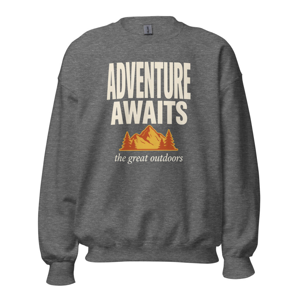 Adventure Awaits retro outdoors typography crewneck sweatshirt — Graphite Heather, front