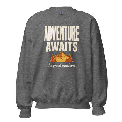 Adventure Awaits retro outdoors typography crewneck sweatshirt — Graphite Heather, front
