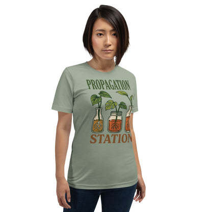 Propagation Station retro botanical plant lover tee — Sage, on model
