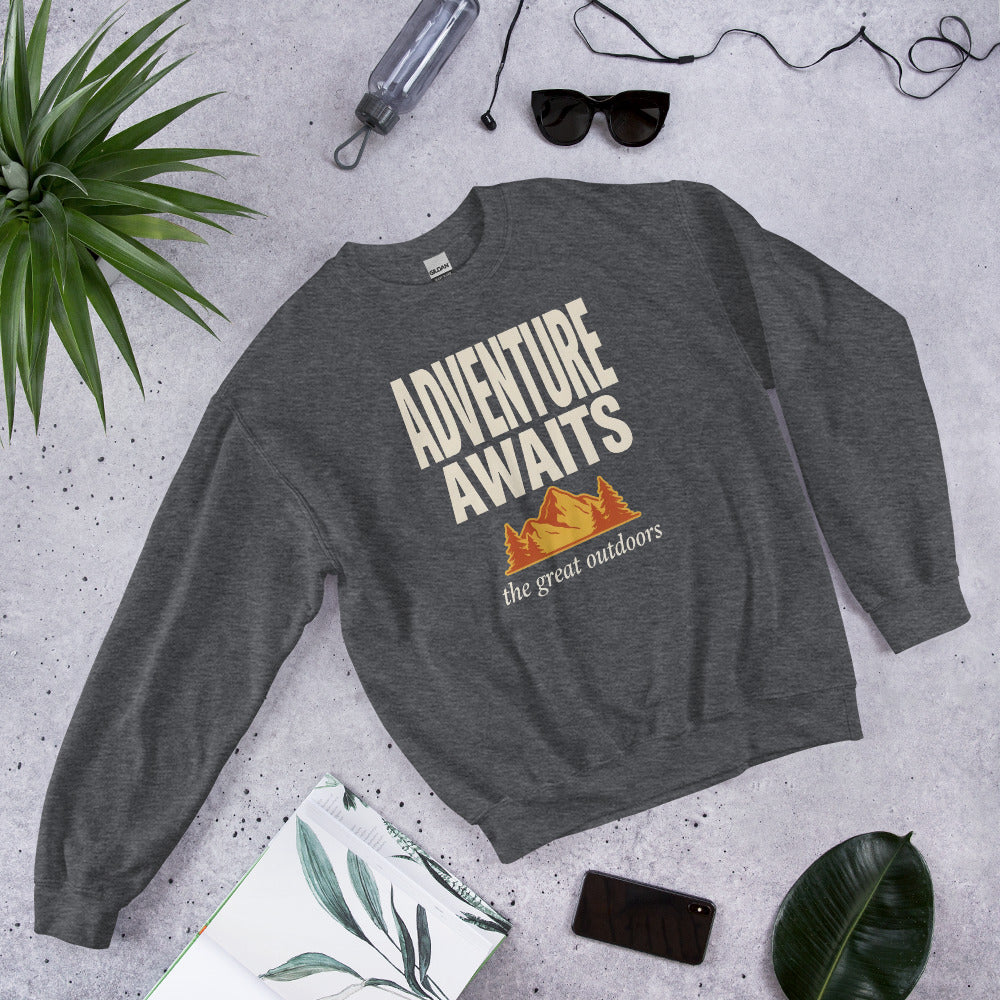 Adventure Awaits retro outdoors typography crewneck sweatshirt — Dark Heather, front right