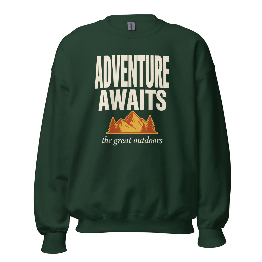 Adventure Awaits retro outdoors typography crewneck sweatshirt — Forest Green, front