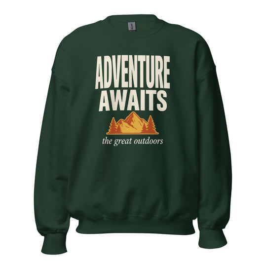 Adventure Awaits retro outdoors typography crewneck sweatshirt — Forest Green, front