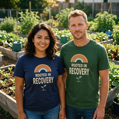 Rooted in Recovery retro rainbow tee — lifestyle