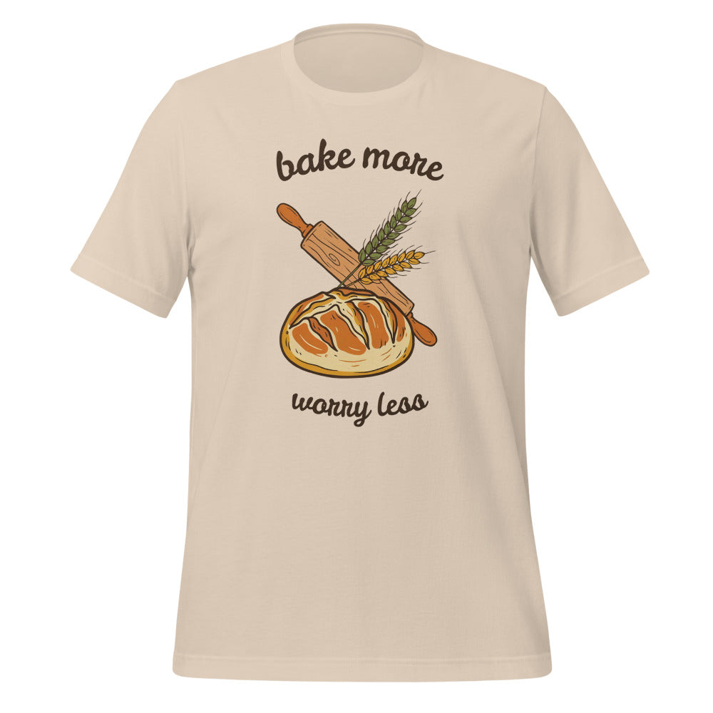 Bake More Worry Less retro kitchen sourdough tee — Soft Cream, front