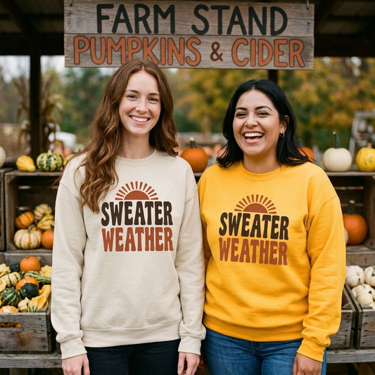 Sweater Weather retro 70s fall crewneck sweatshirt — lifestyle