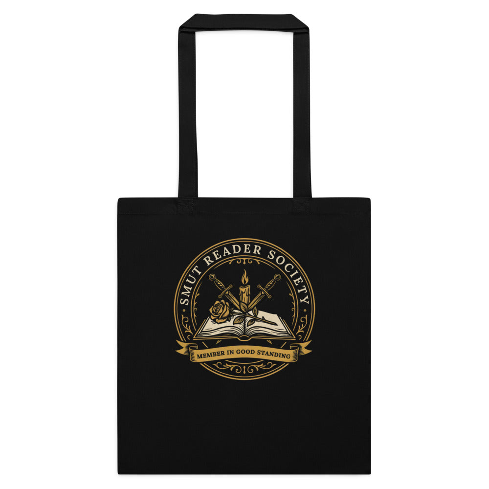 Smut Reader Society romantasy book tote bag — Black, flat