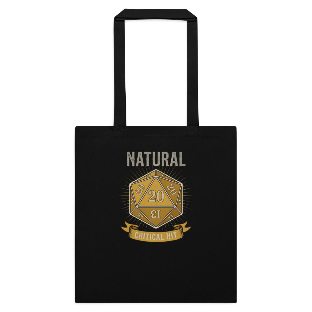 Natural 20 critical hit d20 tabletop RPG cotton tote bag — Black, flat