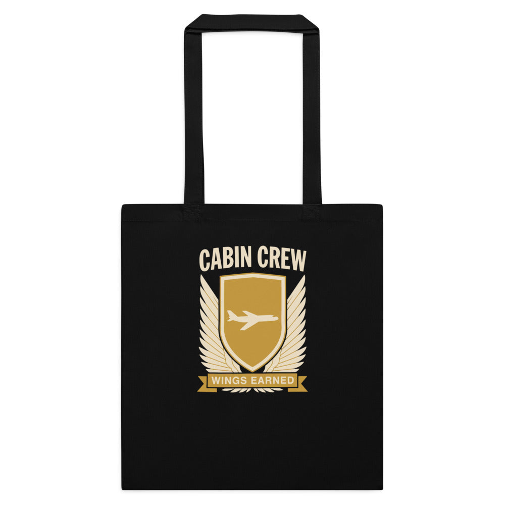 Wings Earned flight attendant cotton tote bag — Black, flat