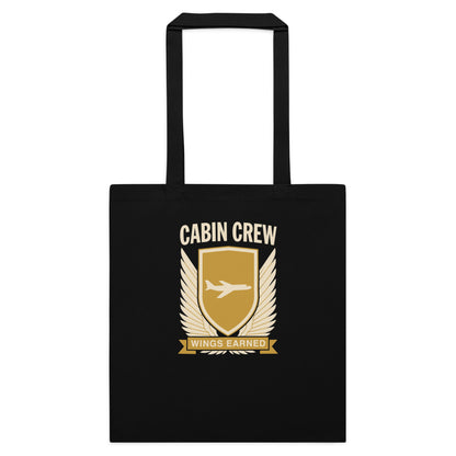 Wings Earned flight attendant cotton tote bag — Black, flat