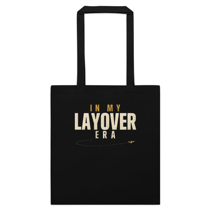 In My Layover Era flight attendant cotton tote bag — Black, flat