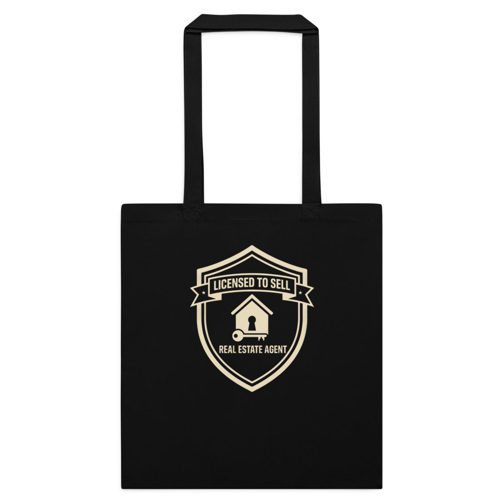 Licensed to Sell real estate agent cotton tote bag — Black, flat
