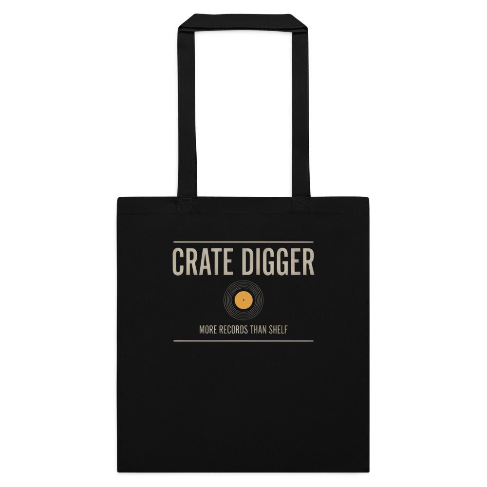 Crate Digger vinyl record cotton tote bag — Black, flat