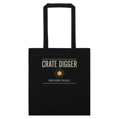 Crate Digger vinyl record cotton tote bag — Black, flat