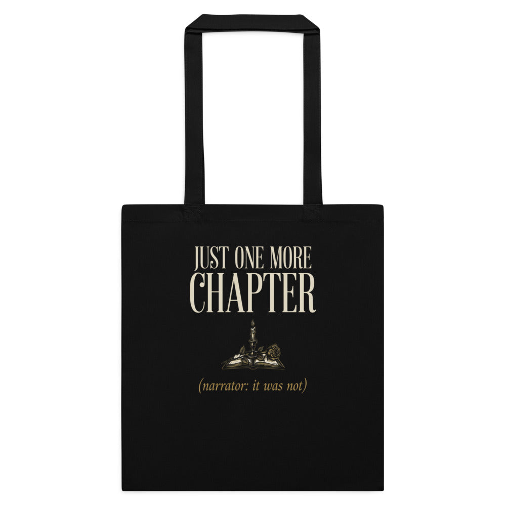 Just One More Chapter book lover dark academia cotton tote bag — Black, flat