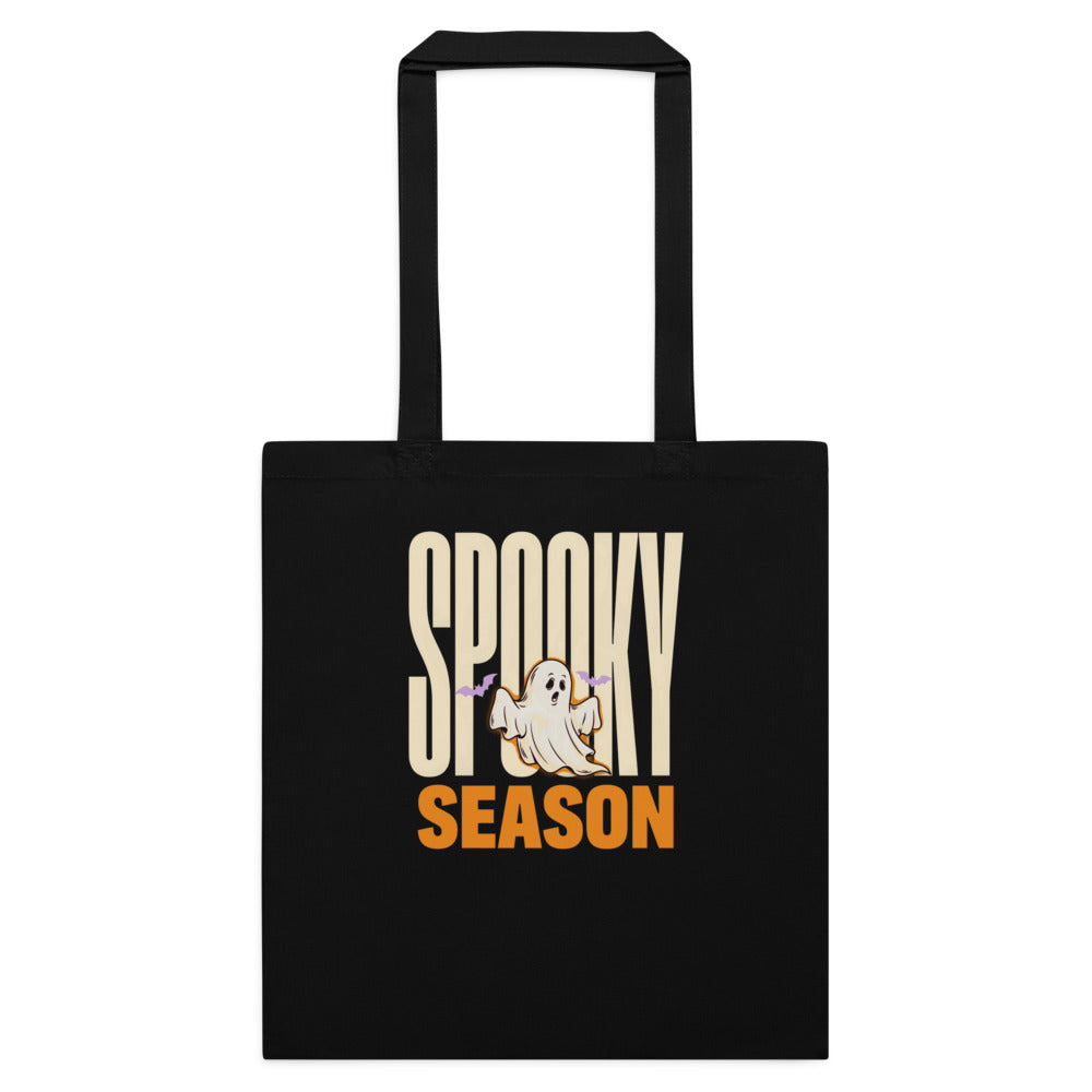 Spooky Season retro Halloween ghost typography cotton tote bag — Black, flat