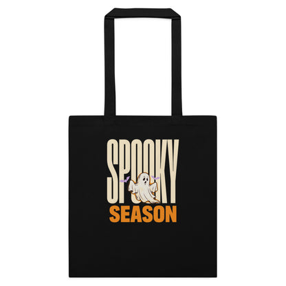 Spooky Season retro Halloween ghost typography cotton tote bag — Black, flat
