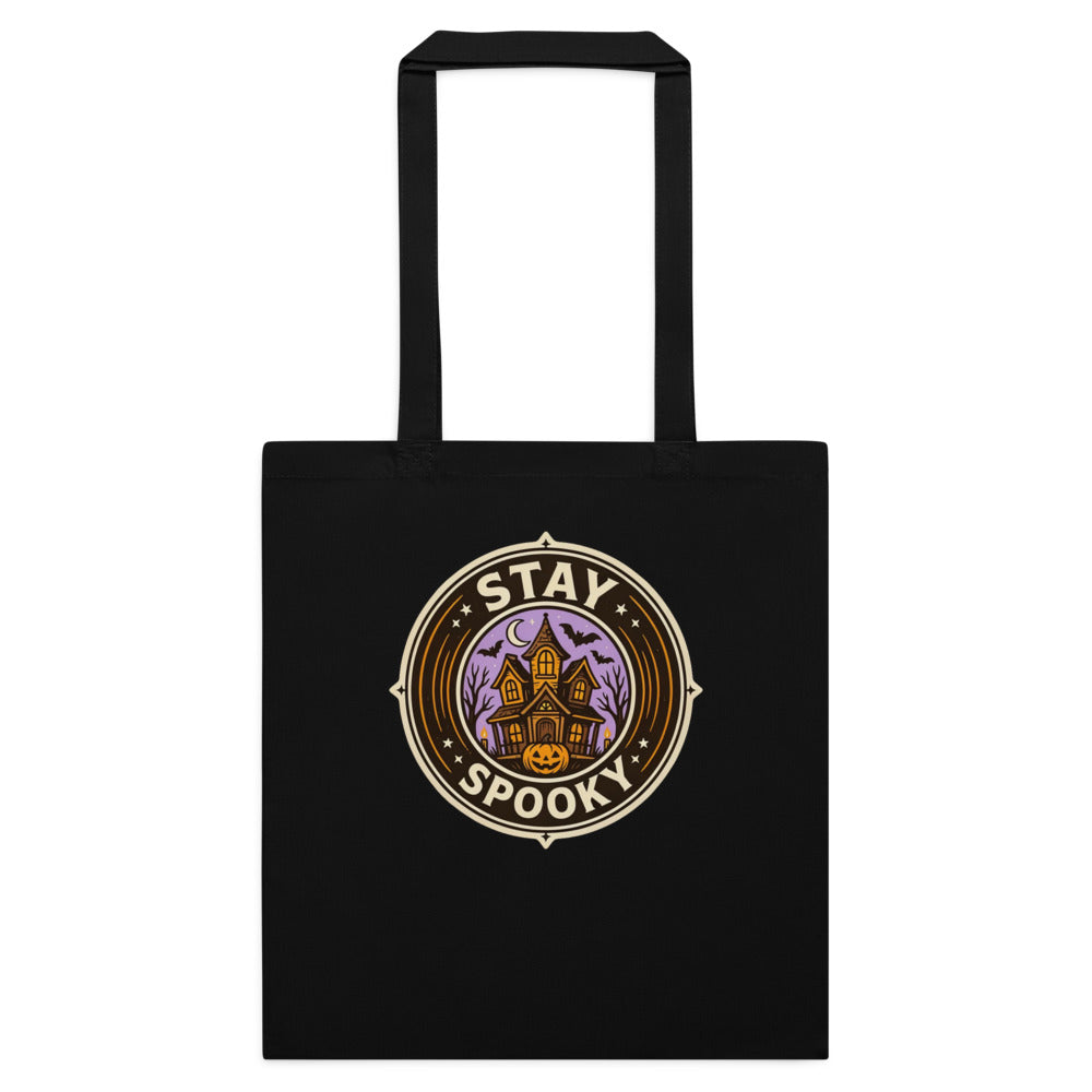 Stay Spooky retro Halloween vintage badge cotton tote bag — Black, flat