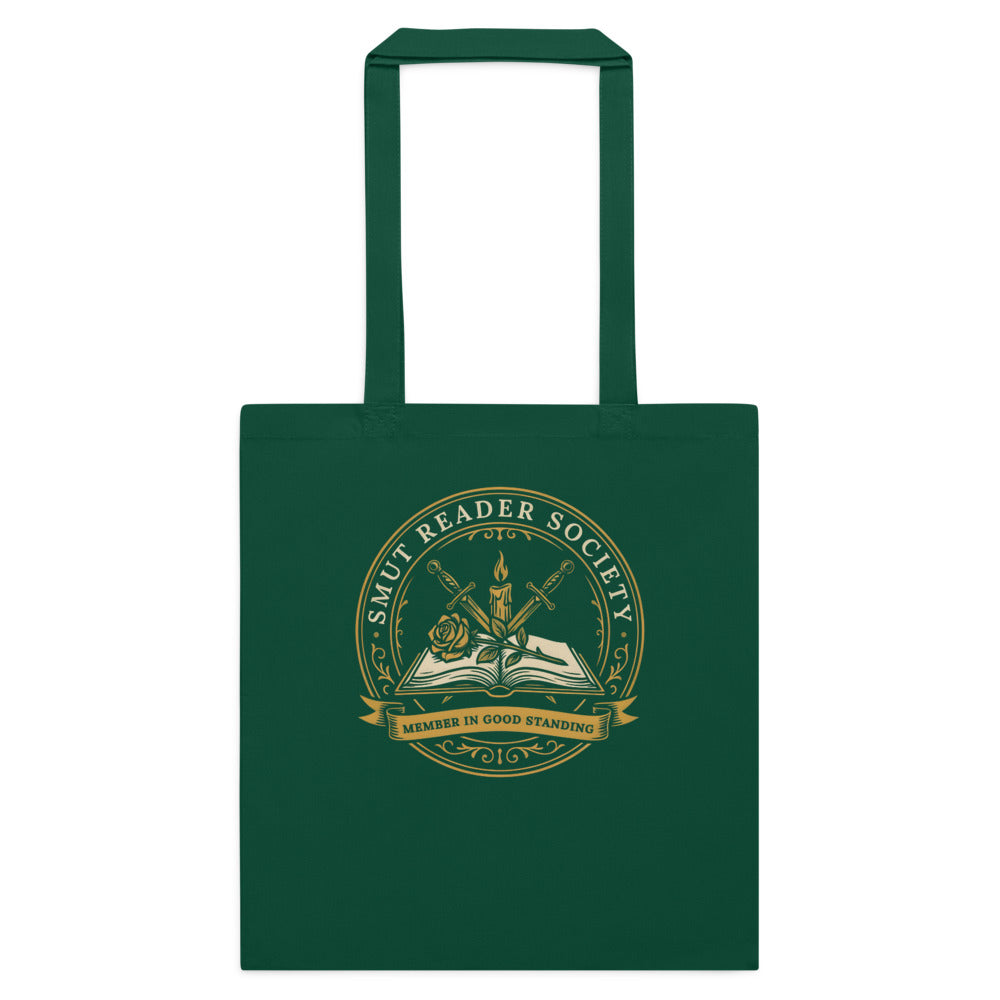Smut Reader Society romantasy book tote bag — Bottle Green, flat