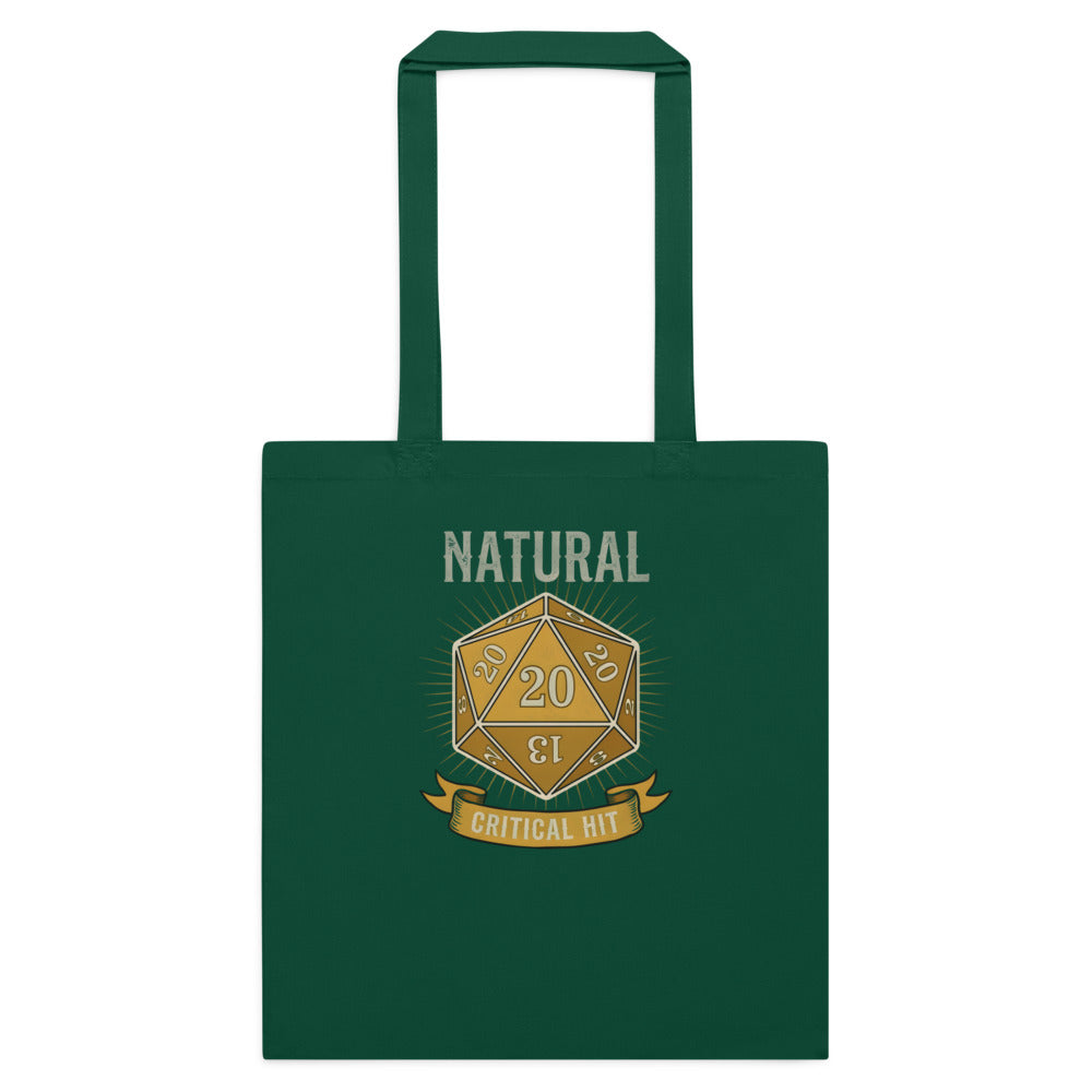 Natural 20 critical hit d20 tabletop RPG cotton tote bag — Bottle Green, flat