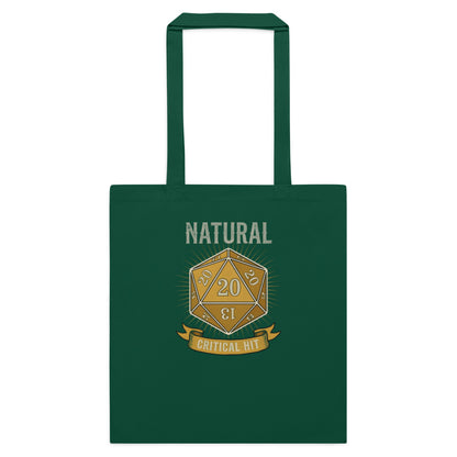 Natural 20 critical hit d20 tabletop RPG cotton tote bag — Bottle Green, flat