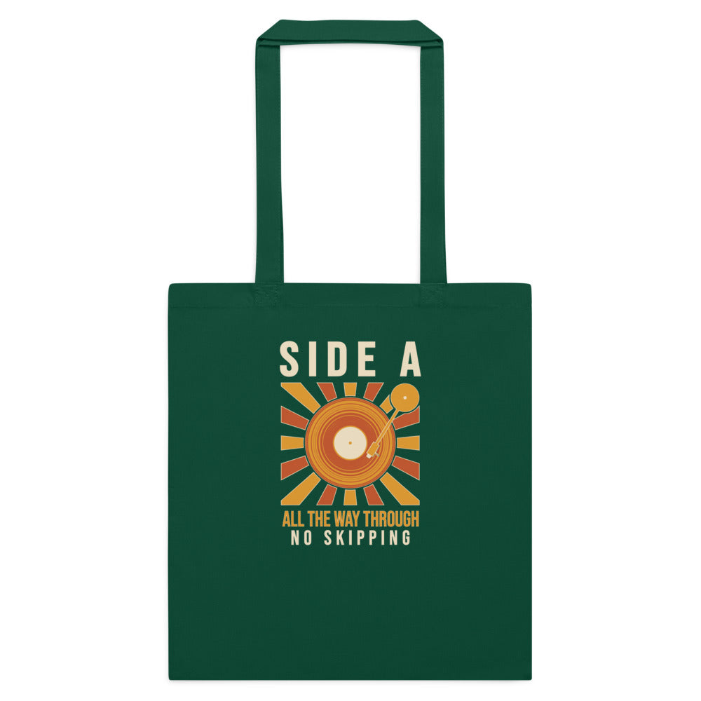 Side A No Skipping vinyl record cotton tote bag — Bottle Green, flat