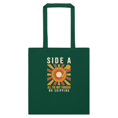 Side A No Skipping vinyl record cotton tote bag — Bottle Green, flat