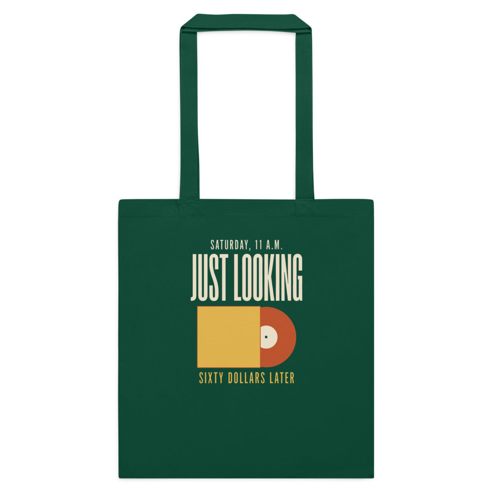 Just Looking Sixty Dollars Later vinyl record cotton tote bag — Bottle Green, flat