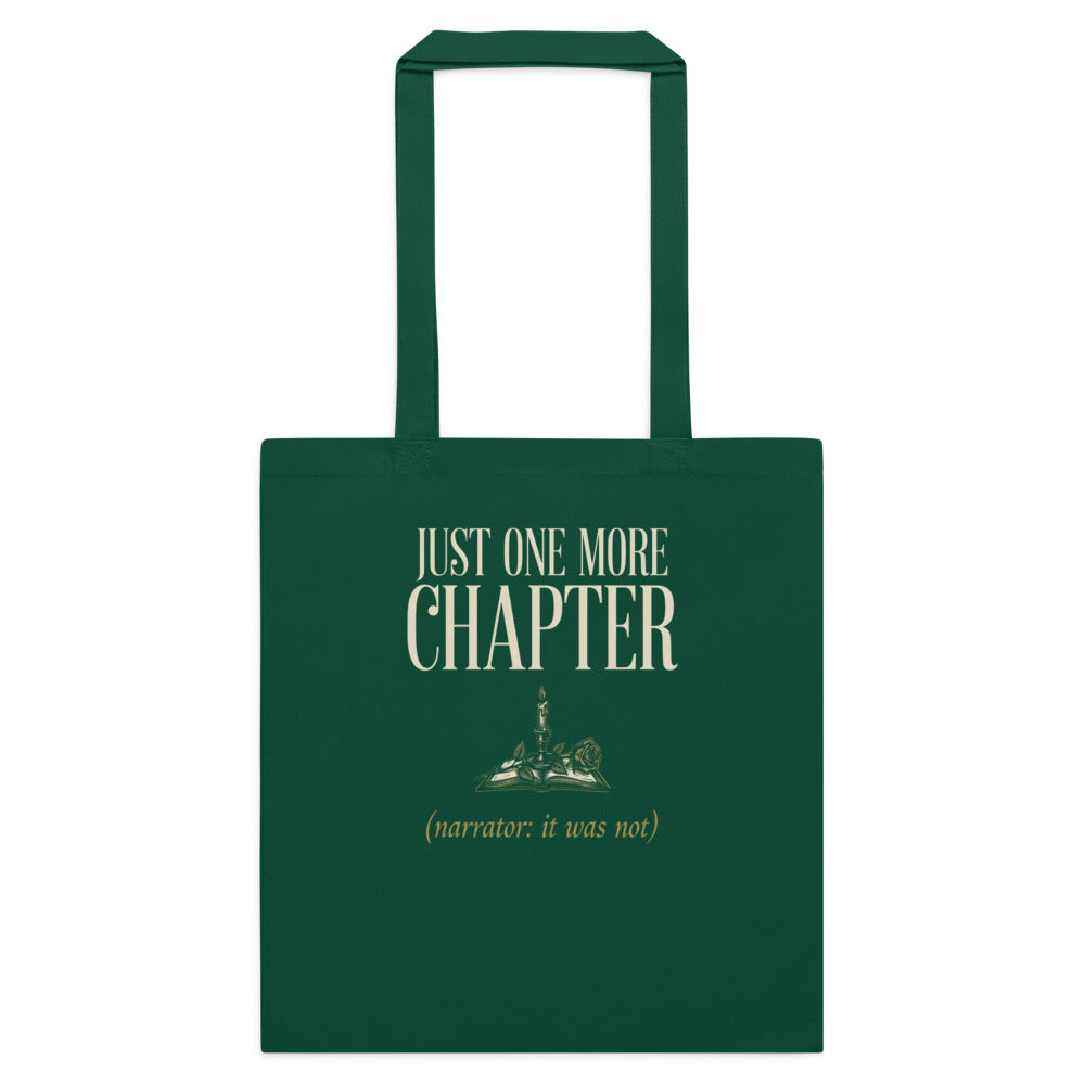 Just One More Chapter book lover dark academia cotton tote bag — Bottle Green, flat