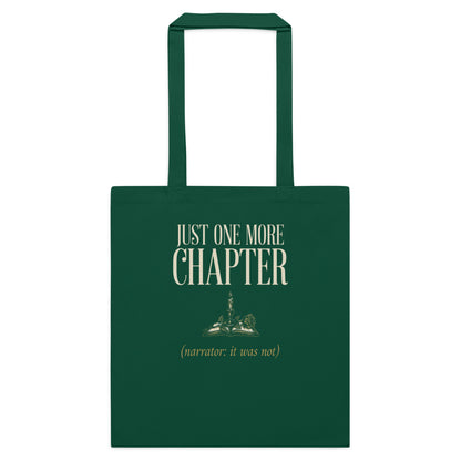 Just One More Chapter book lover dark academia cotton tote bag — Bottle Green, flat