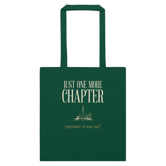 Just One More Chapter book lover dark academia cotton tote bag — Bottle Green, flat