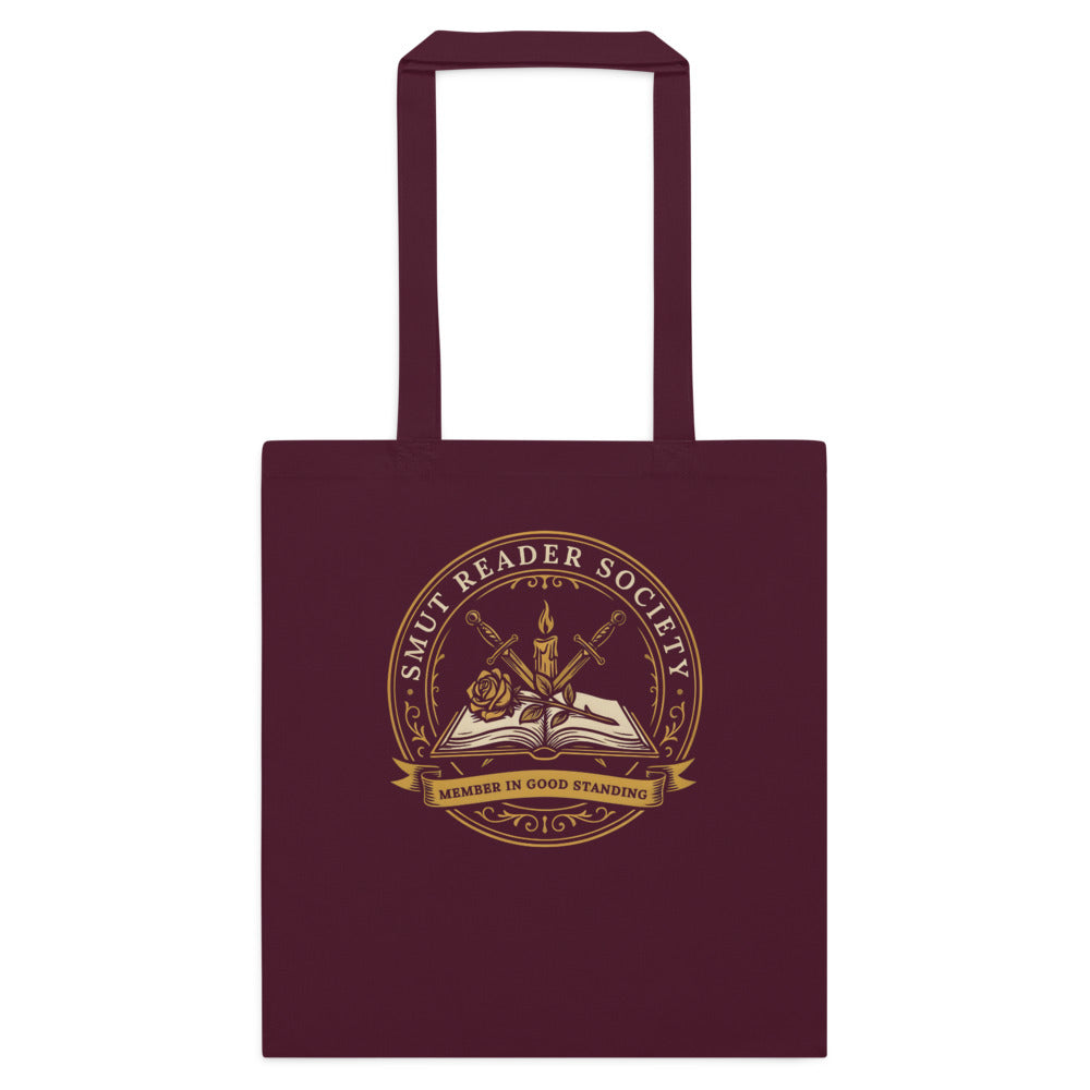 Smut Reader Society romantasy book tote bag — Burgundy, flat