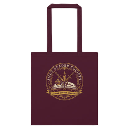 Smut Reader Society romantasy book tote bag — Burgundy, flat