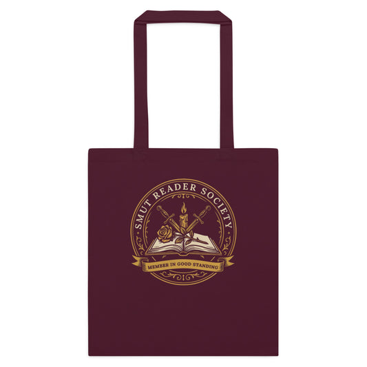 Smut Reader Society romantasy book tote bag — Burgundy, flat