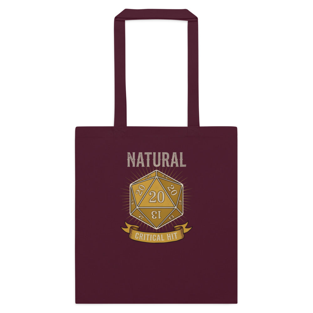 Natural 20 critical hit d20 tabletop RPG cotton tote bag — Burgundy, flat