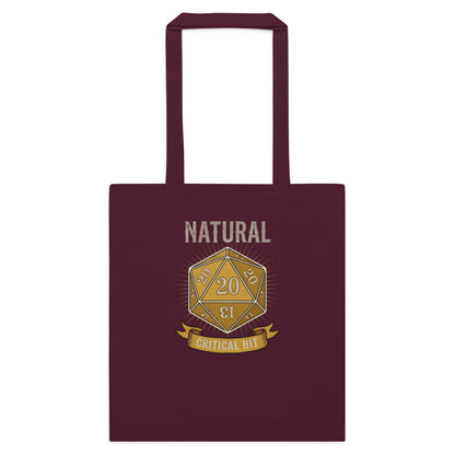Natural 20 critical hit d20 tabletop RPG cotton tote bag — Burgundy, flat