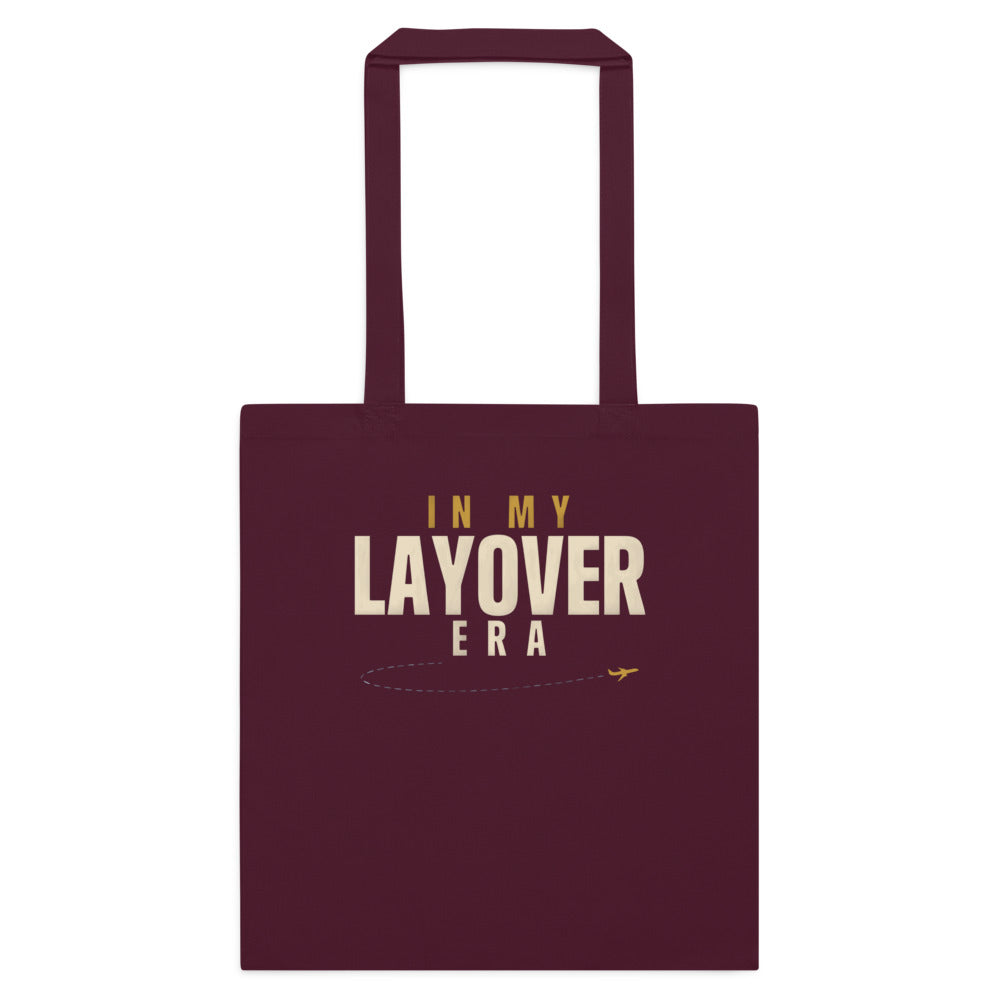 In My Layover Era flight attendant cotton tote bag — Burgundy, flat