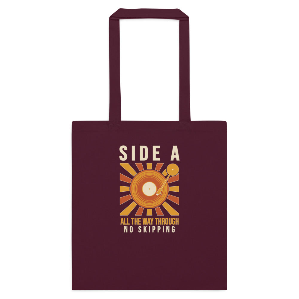 Side A No Skipping vinyl record cotton tote bag — Burgundy, flat
