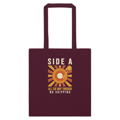 Side A No Skipping vinyl record cotton tote bag — Burgundy, flat