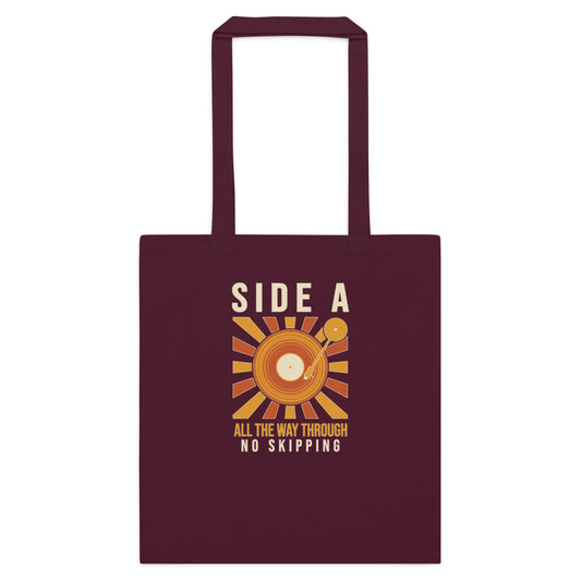 Side A No Skipping vinyl record cotton tote bag — Burgundy, flat