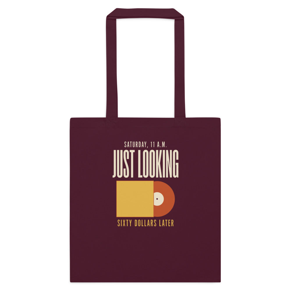 Just Looking Sixty Dollars Later vinyl record cotton tote bag — Burgundy, flat
