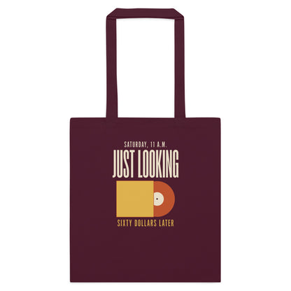 Just Looking Sixty Dollars Later vinyl record cotton tote bag — Burgundy, flat