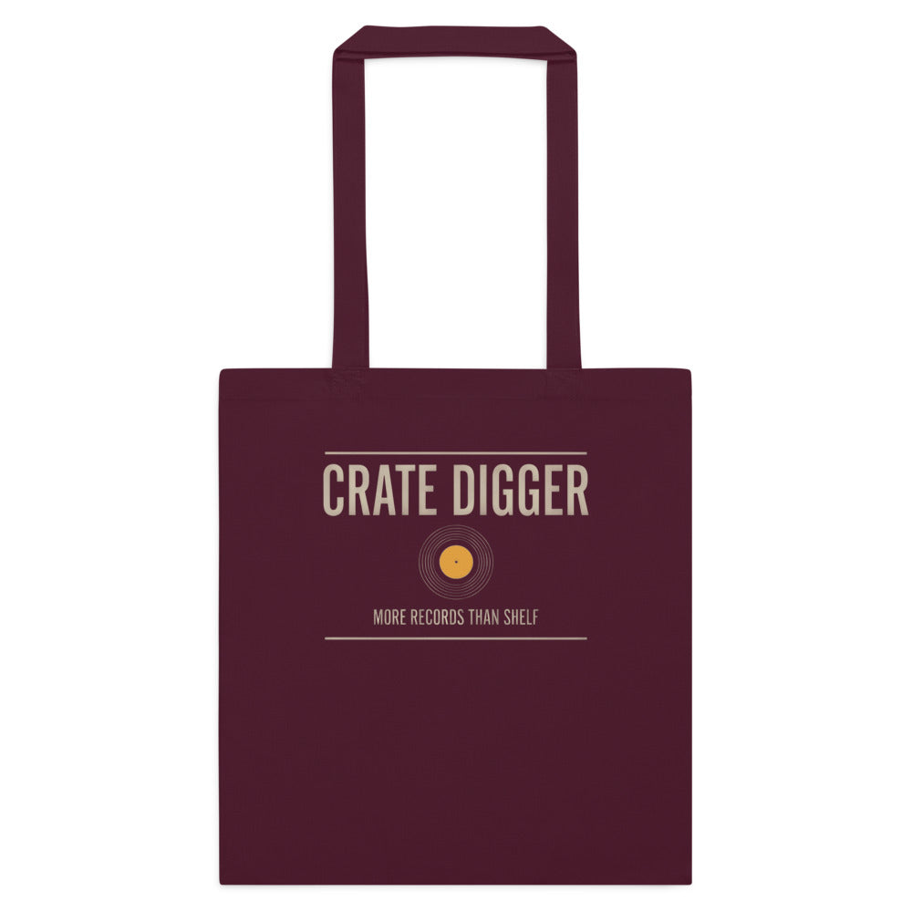 Crate Digger vinyl record cotton tote bag — Burgundy, flat