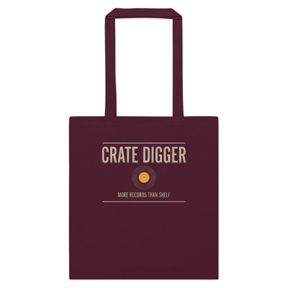 Crate Digger vinyl record cotton tote bag — Burgundy, flat