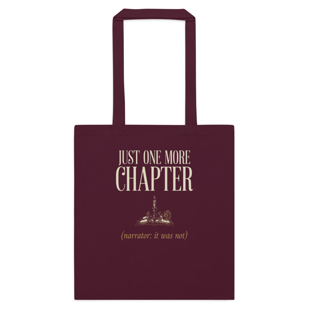 Just One More Chapter book lover dark academia cotton tote bag — Burgundy, flat