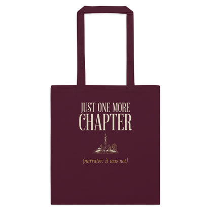 Just One More Chapter book lover dark academia cotton tote bag — Burgundy, flat