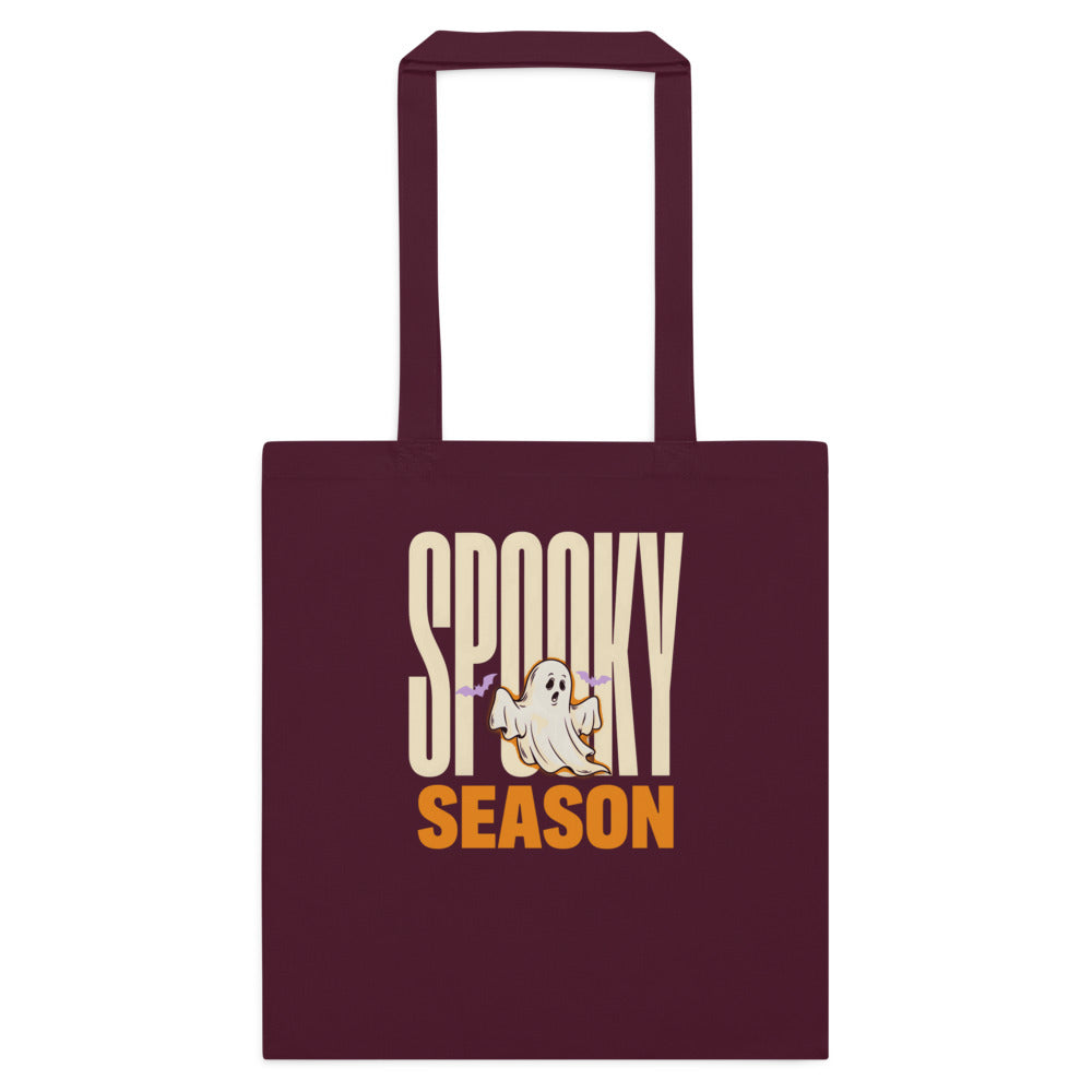 Spooky Season retro Halloween ghost typography cotton tote bag — Burgundy, flat